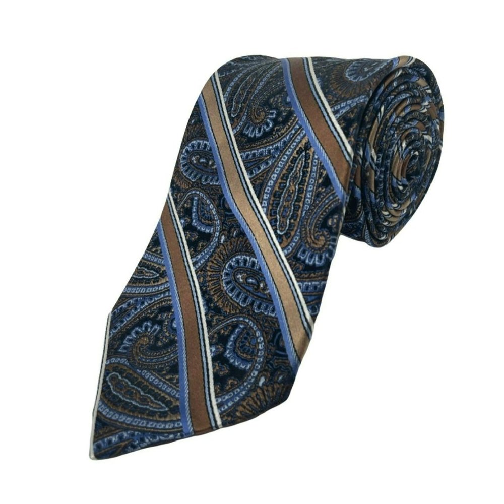 Pronto Uomo Handmade 100% Silk Paisley Blue and Brown Tie. NWOT